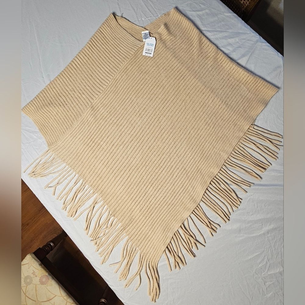 Time & Tru NWT Women's XXL-XXXL, Boho,Cottagecore, Ribbed Fringe Poncho Comfy - Picture 4 of 12